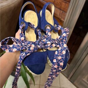Blue Espadrille Sandals with Floral Ties
